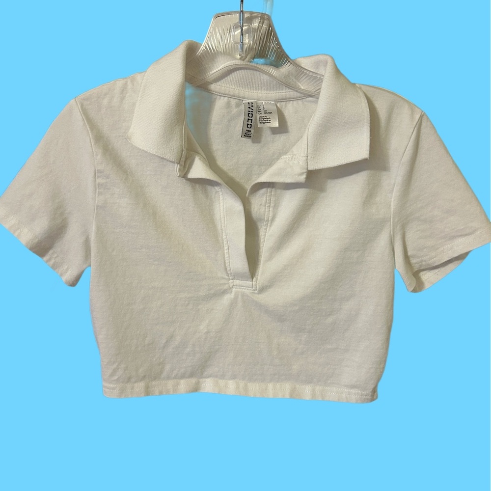 H&M White Short Sleeve Polo Crop Top
